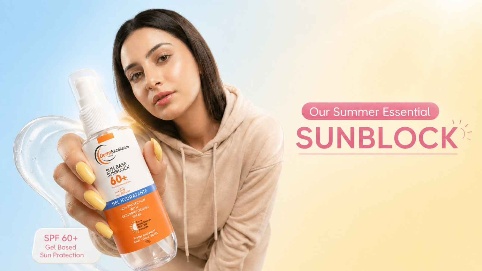 Woman holding a sunblock bottle with a blue and yellow gradient background